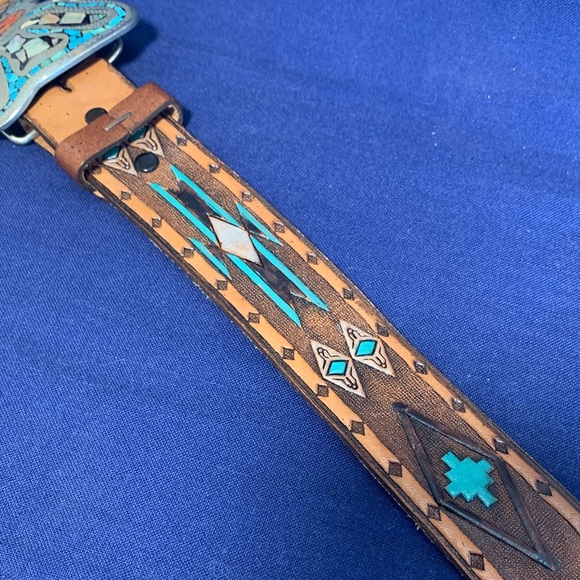 Butterfly Turquoise Coral Mother of Pearl Belt Buckle with Belt - Picture 4 of 12